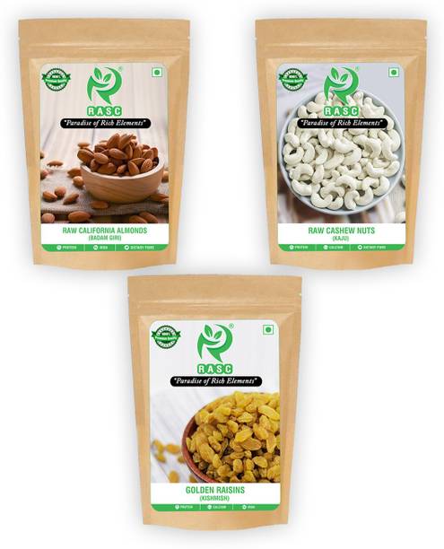 RASC Natural Premium Californian Almonds, High quality cashews and Popular fresh Raisins I Kaju, Kismis and Badam I Pack of 3 I Each Pack 200g Almonds, Cashews, Raisins