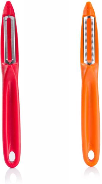 JAVA Universal Peeler Lifetime Guarantee|| Stainless Steel Blade || Serrated and Regular Dual Edge Blade Kitchen Tool for Home and Professional Use || Pack of 2 Pieces Orange and Red Color Straight Peeler