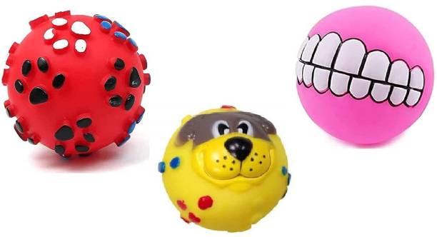 DogTrust Dog Trust Dog Ball and Squeaky Toys 3 in 1 Combo for Dogs Puppy Cats (paw Print+Dog Face Ball+Funny Teeth Ball Rubber, Silicone Squeaky Toy For Dog & Cat