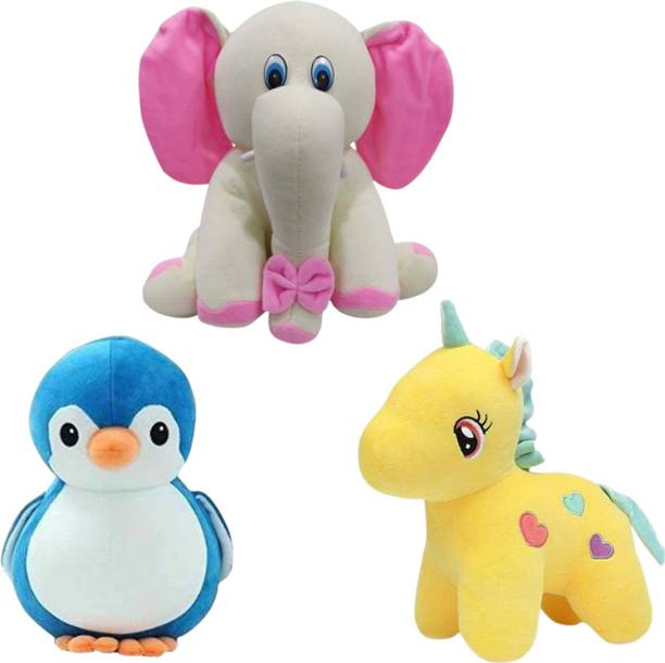 Toyhaven Special combo pack of Adorable and plush stuffed toy/ SITTING ELEPHANT, UNICORN and PENGUIN / soft toys for kids, gifting, birthdays and anniversaries  - 25 cm