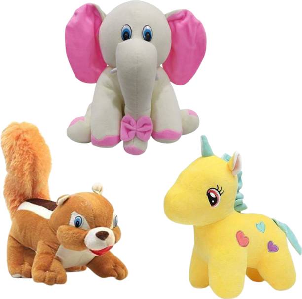 Toyhaven Exclusive pack of super cute and plush stuffed toy/ SITTING ELEPHANT, UNICORN and SQUIRREL / soft toys for kids, gifting, home decoration and birthdays - 25 cm