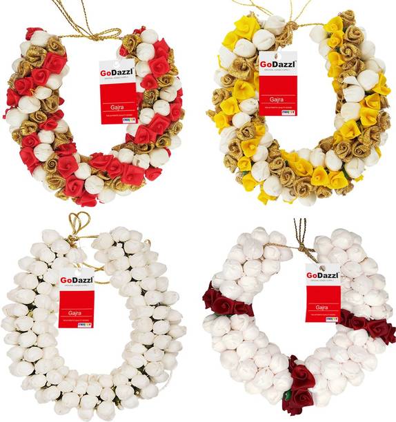 GoDazzl Pack of 4 Mix Color Fancy Gajra in Artificial Sola Wood Material Jasmine Mogra Flower For Brides, Hair Chain, Juda Bun, Garland, Wedding, Parties (Long Size, Mix of PINK, YELLOW, GOLD, RED or WHITE) Hair Accessory Set