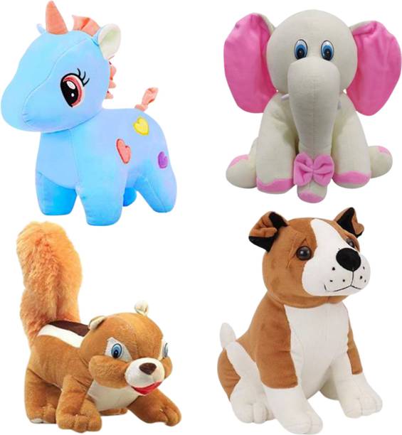 Toy Slam Cute and lovely soft toy set of 4 for kids (Brown bull dog ,Squirrel ,Blue Unicorn, Cream Sitting elephant) /soft toys for kids, birthday and other special occasions.  - 26 cm