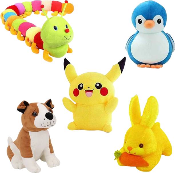 Toyhaven Cute and lovely soft toy set of 5 for kids (Pikachu ,Rabbit ,penguin, bull dog, caterpillar ) /birthday and other special occasions. - 25 cm