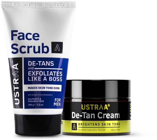 USTRAA Total De-Tan Kit -De-tan Face Cream, 50g - De-Tan Face Scrub with Walnut Granules, 100g