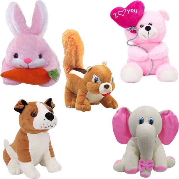 Toyhaven Cute and lovely soft toy set of 5 for kids (Squirrel ,Rabbit ,Sitting elephant, bull dog, Balloon teddy ) /birthday and other special occasions. - 25 cm