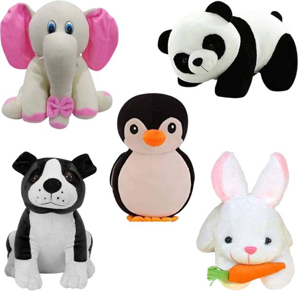 Toyhaven Special premium quality combo pack of 5 cute and adorable soft toys / PANDA, BULLDOG, SITTING ELEPHANT, RABBIT and PENGUIN / stuffed toys for kids, gifting and decor - 25 cm