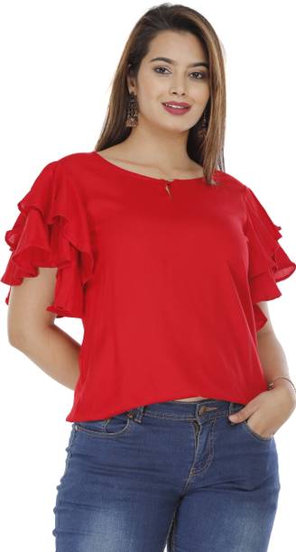 Hand Block Print Casual Solid Women Red Top