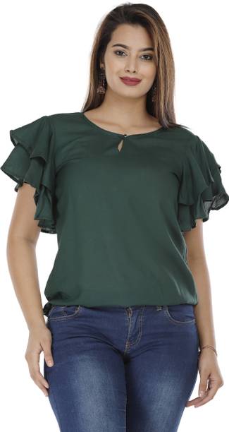 Hand Block Print Casual Solid Women Dark Green Top