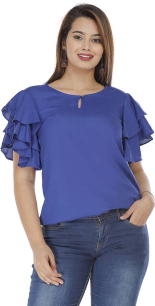 Hand Block Print Casual Solid Women Blue Top