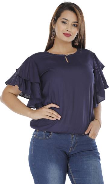 Hand Block Print Casual Solid Women Dark Blue Top