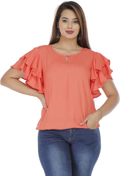 Hand Block Print Casual Solid Women Orange Top