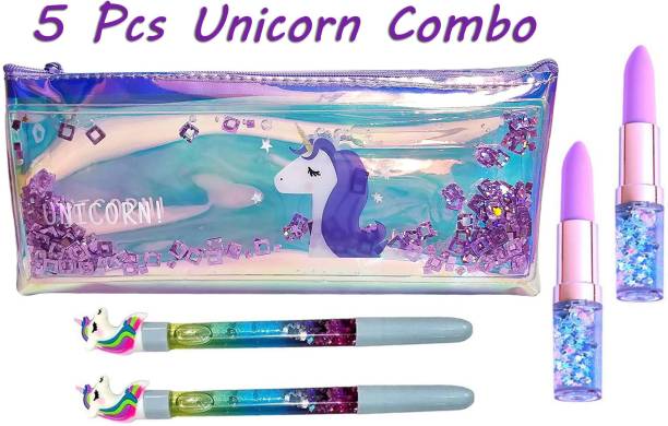 Ambivert Unicorn Combo of 5, New Range Exclusive Water Fur Pouch with 2 Lipstick Pen and 2 Unicorn Pen for Girls|Pouch for Girls Stylish|Duck Print Sparkling Pencil Box for Girls Art Polyester Pencil Boxes