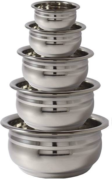 Nirvika Steel handi set Cookware set urli /biryani handi pot pan/tope/serveware/storeware steel handi set of 5 Piece 2.1 L, 1.6 L, 1.1 L, 0.8 L, 0.5 L (Gas and Induction compatible Stainless Steel, Non-stick) Cookware Set (Stainless Steel, 5 - Piece) हांडी 2.1 L, 1.6 L, 1.1 L, 0.8 L, 0.5 L