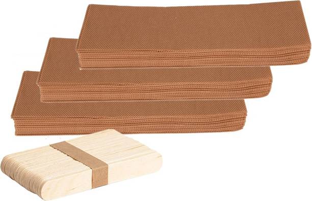Nyamah sales 100 PCS Non-Woven Wax Strip with 50 PCS Wooden Wax Knife Set Body and Facial Waxing Strips Hair Removal Wax Strips Women and Men Salon and Home Use Brown Waxing Strips