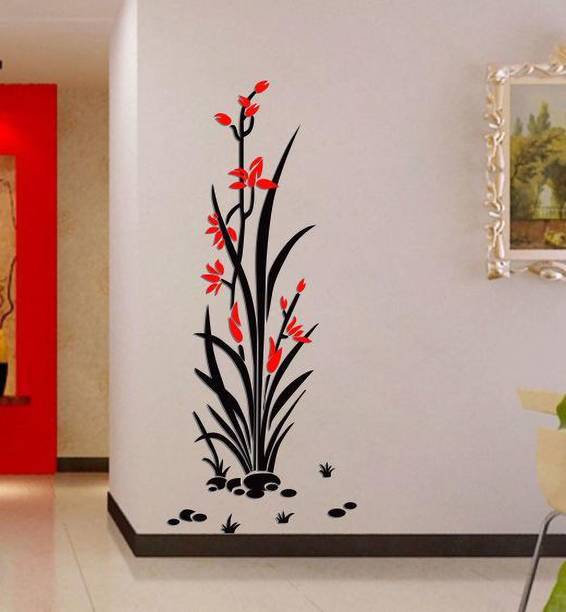 Divine studio 118 cm Red flower plant are planted wall sticker (118cm x 39cm) Self Adhesive Sticker
