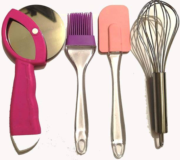 hurrio Pizza Cutter Slicon Brush Whisk Combo Set of 4 pcs 1 PS Steel Andra Palta/Turners &1 PS Stainless Steel Pakkad 25 cm Utility Beaker Tong