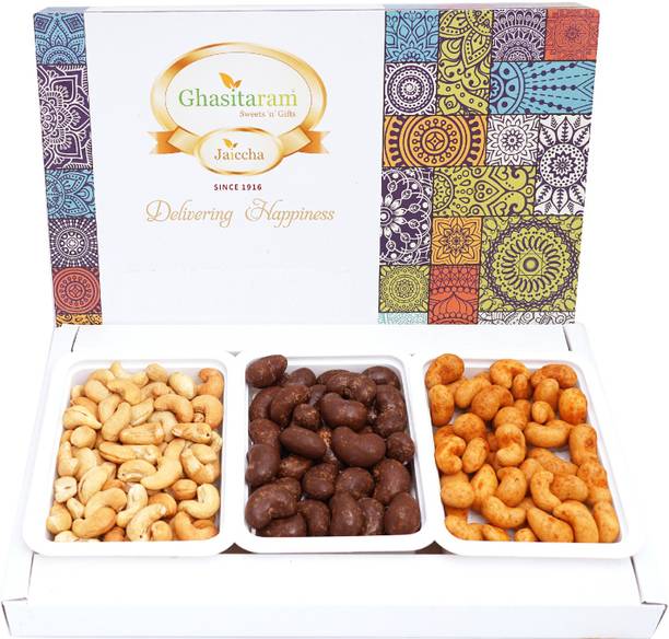Ghasitaram Gifts Dryfruits-Box of Cashews, Chocolate Coated Cashews, Crunchy Cashews and Roasted Cashews Combo