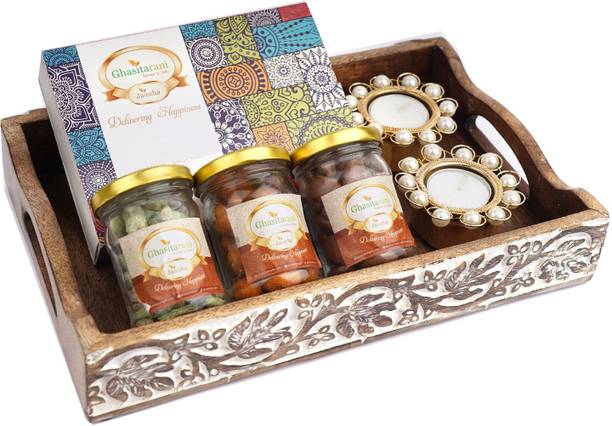 Ghasitaram Gifts Dryfruits-Wooden Serving Tray with Assorted bites, Paan Raisins, Crunchy Coated Cashews, Chocolate Coated Almonds and T-lites Combo