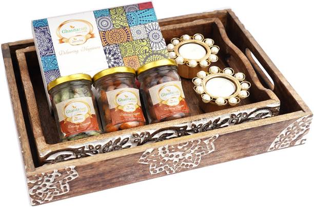 Ghasitaram Gifts Dryfruits-Set of 2 Wooden Serving Trays with Assorted bites, Paan Raisins, Crunchy Coated Cashews, Chocolate Coated Almonds and T-lites Combo