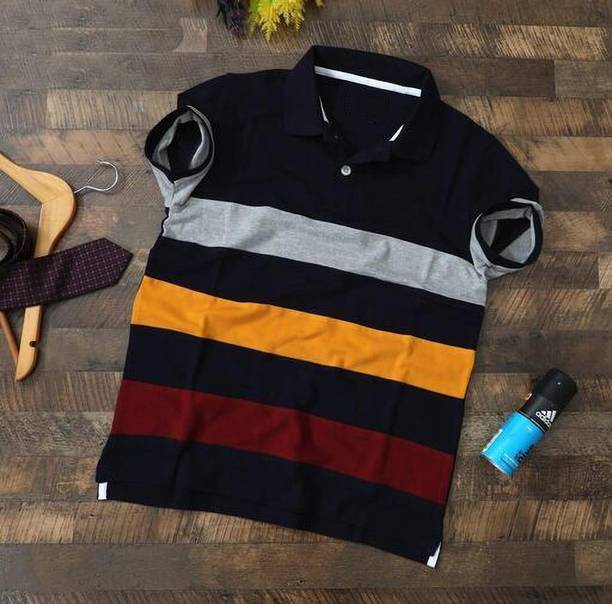 Men Colorblock Polo Neck Cotton Blend Dark Blue T-Shirt