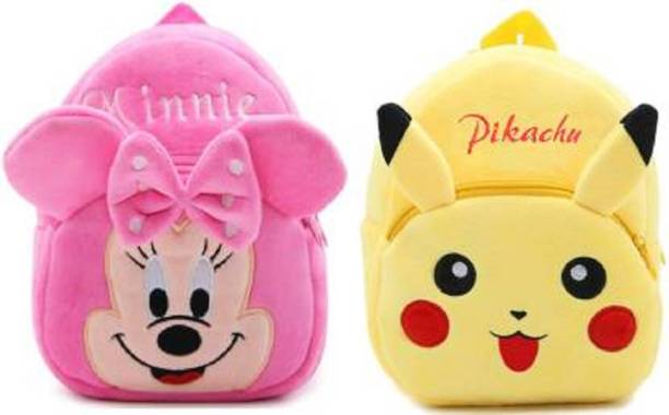 MOM'S GADGETS Kids School Pikachu/Pink Minnie Fabric Cartoons Soft Plush Bag Age 3-5 Year Kids 11 L Backpack