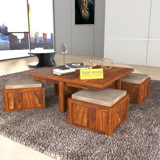 Taskwood Furniture Solid Wood Sheesham Wood Coffee Table With 4 Stools For Living Room Solid Wood Coffee Table