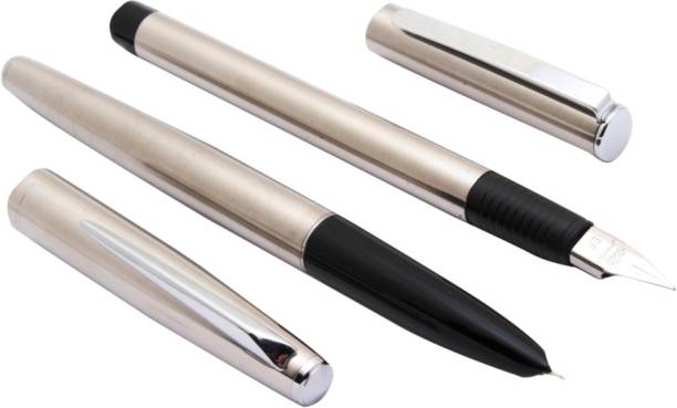 Ledos Set Of 2 - Jinhao Brushed Steel Body Fountain Pens Fine Nib With Converter New Pen Gift Set
