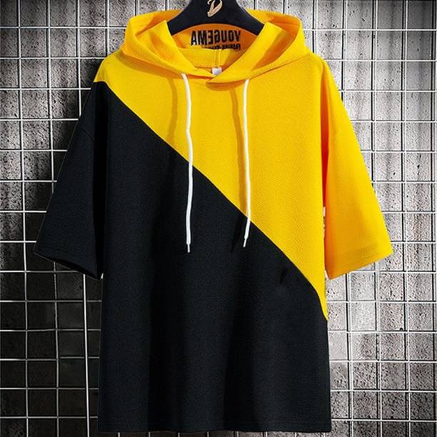 Men Colorblock Hooded Neck Cotton Blend Yellow T-Shirt