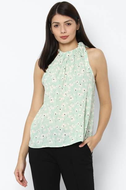 Casual Sleeveless Floral Print Women Blue Top