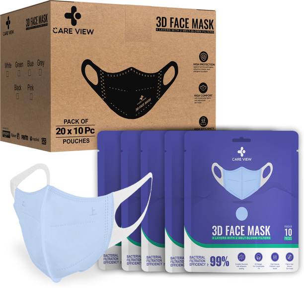 Care View 3 Dimensional Disposable Face Mask Pouch with 4 Layered Filtration, SITRA and BIS(ISI) certified & Incredibly Soft Spandex Non Woven Fabric Ear loop (MEDICAL BLUE, PACK OF 200) 3D Mask Blue