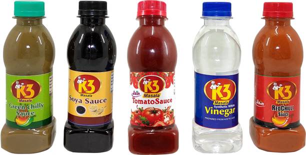 K3 Masala Jain Sauce Combo of Soya,Tomato,Green Chilli,Red Chilli and Vinegar (Pack of 5) Sauce