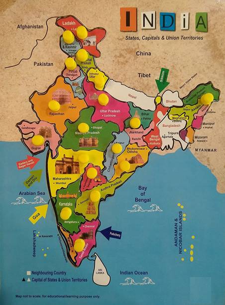 Enorme Big Wooden India Map Puzzle with Knobs, Educational and Learning Game For Kids