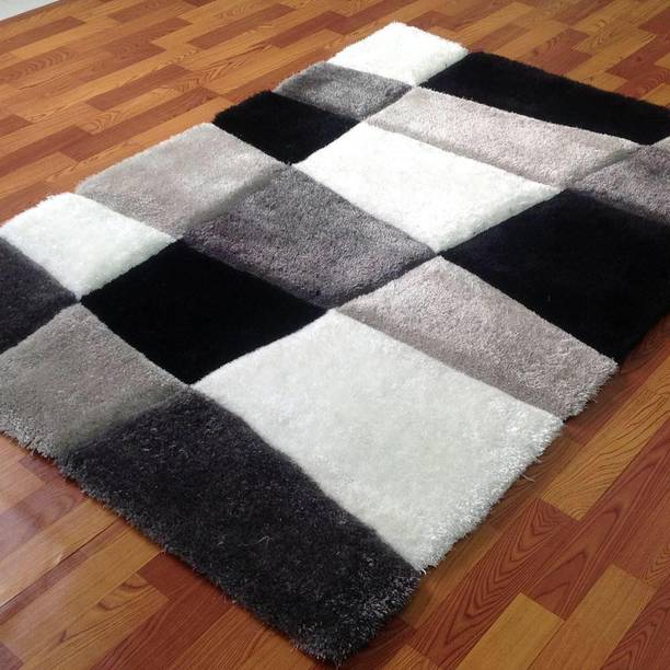 RM Handloom Black, White, Grey Polyester Carpet