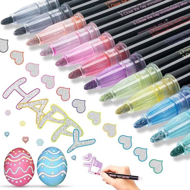 SMB ENTERPRISES Pack of 12 PCS Metallic Double Line Outline permanent Pen Markers for Art Coloring MULTICOLOR