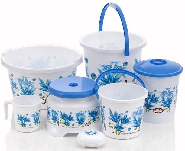 UMA Plastic Bathroom Set 07 Pieces Heavy Duty, Large Capacity (20 LTR Tub, 20 LTR Bucket, 05 LTR Bucket, Patla, Dustbin 10 LTR, Mug 1.5 LTR, Soap Case, Blue,Orange,Pink ) 20 L Plastic Bucket