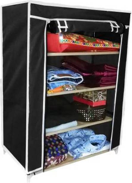 SB07 BLACK 4 Shelf Wardrobe Armoire PVC Collapsible Wardrobe