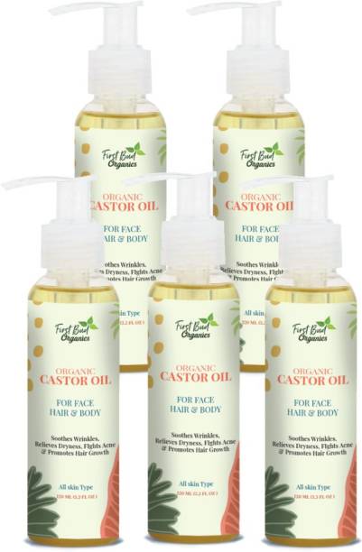 First Bud Organics Castor Oil Carrier Oil for Face Hair & Body, Soothes Wrinkles, Relieves Dryness, Fights Acne & Promote Hair Growth Unisex Hair Oil 120 X 5, Pack Of 5 Hair Oil