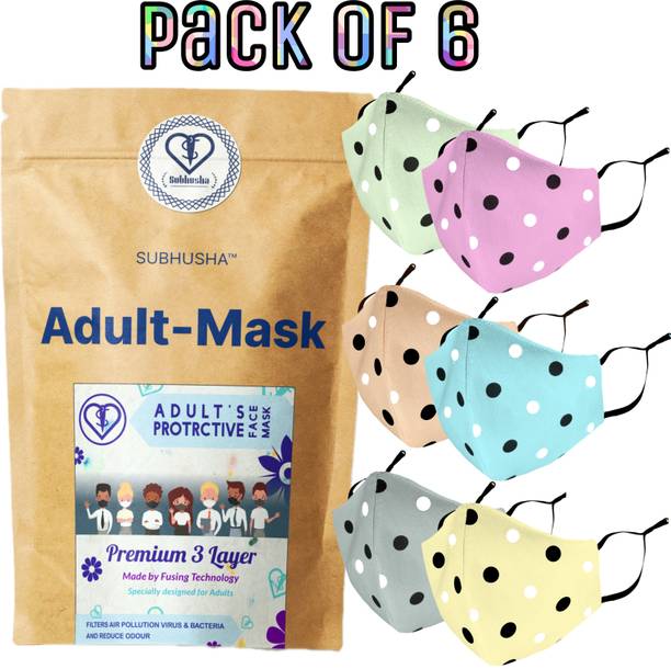 SUBHUSHA 3PY-Adult DOT Print-6-PCS-Pnk-Orng-Pista-Yellow-Gry-SBlu Reusable, Washable Cloth Mask