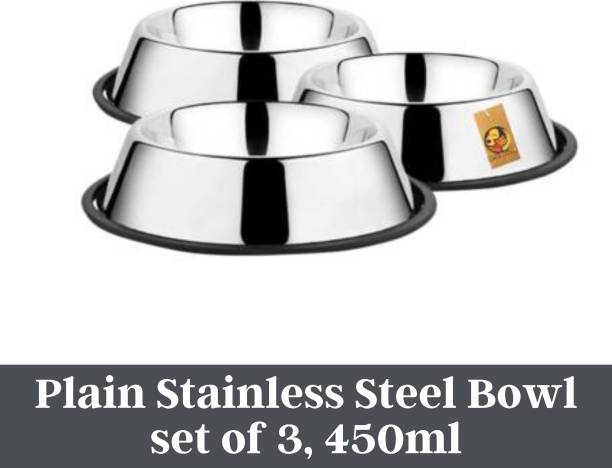 Foodie Puppies Stainless Steel Anti-Skid Rubber Base Plain Bowl for Cats & Dogs (Pack of 3) Round Steel Pet Bowl