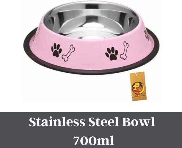 Foodie Puppies Stainless Steel Paw Bone Printed Food Water Feeding Bowl for Dogs & Puppies (Medium, 700ml, Baby Pink) Round Steel Pet Bowl