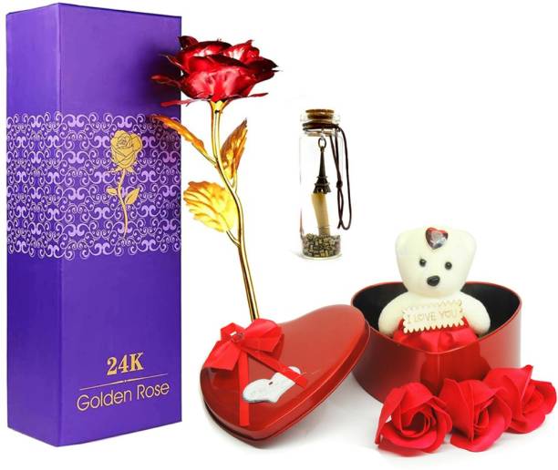 Nyaro Artificial Red Flower Box, Soft Toy & Message Bottle Gift Box Greeting Card