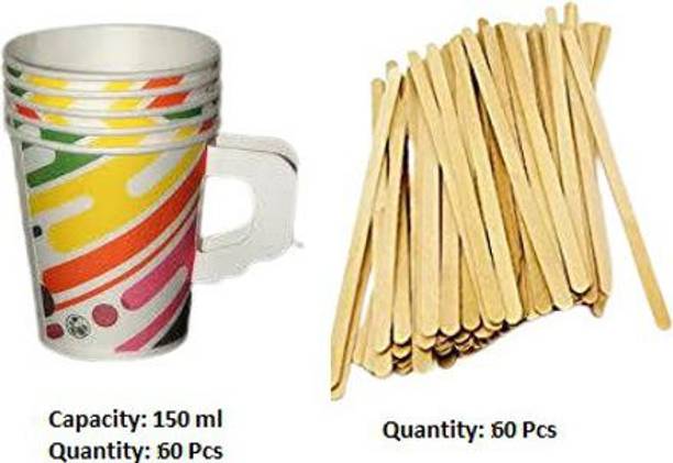 Spylark Pack of 60 Paper Paper Cups With Handle |Disposable| 150 ml -Pack of 60 with Pack of 60 Stirrer
