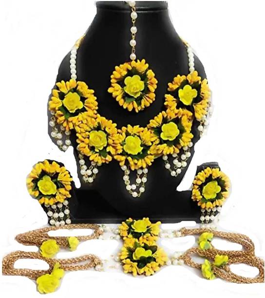 Riya Handcraftejewelry Fabric Yellow, Pink, Multicolor Jewellery Set