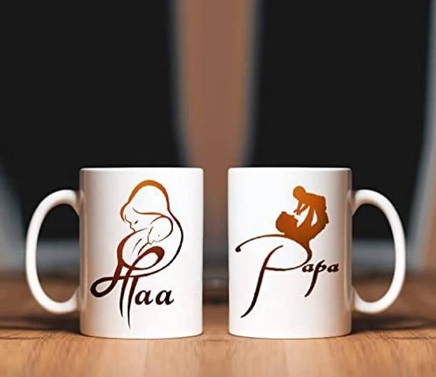 WINGS MART Maa Papa Printed Ceramic Set Of 2 330 ML For Father Mother Anniversary Ceramic Coffee Mug