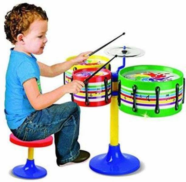 SR Toys Jazz Drum Set for Kids | Musical Drum Big Size (with Small Sitting Table), 3 Drum, 2 Sticks and 1 Band Stand, 1 Table Chair - Music Toy for Kids- Multi Color (Multicolor)