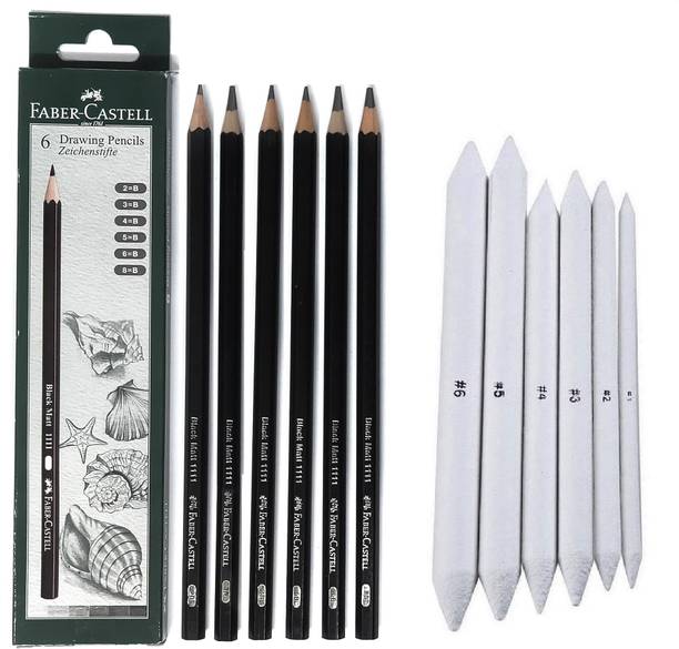 Definite Art FABER CASTELL Drawing Graded Pencils - 2B, 3B, 4B, 5B, 6B and 8B (Pack of 6) + Blending/Smudging Stumps Set of 6 (Size 1 to 6); Pre-Sharpened Pencil