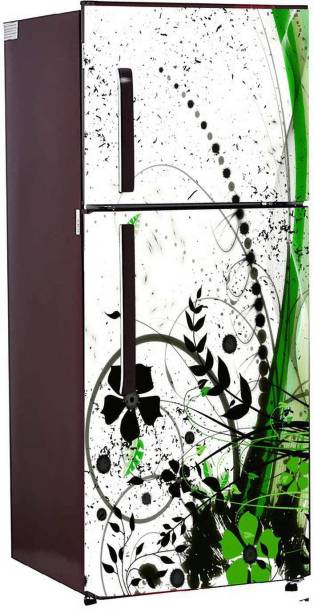 Global Graphics Studio 61 cm Decorative large Double door Fridge wallPaper Beautiful Black Flower with Branch with white and Green shadable matt (PVC fridge WallPaper ) Removable Sticker