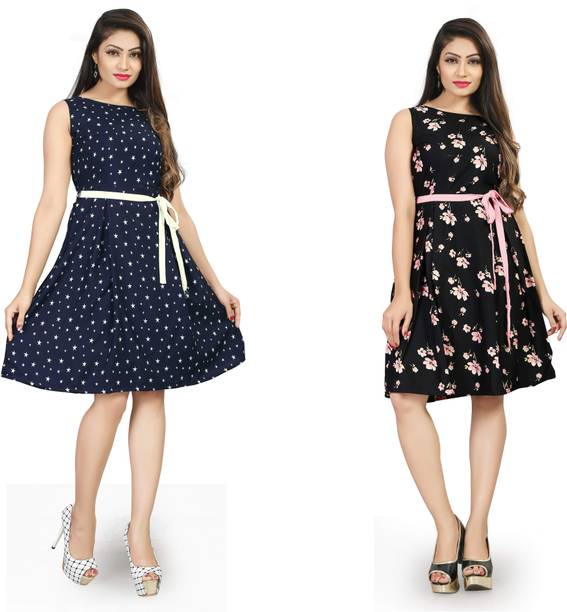 Women A-line Blue, Black Dress