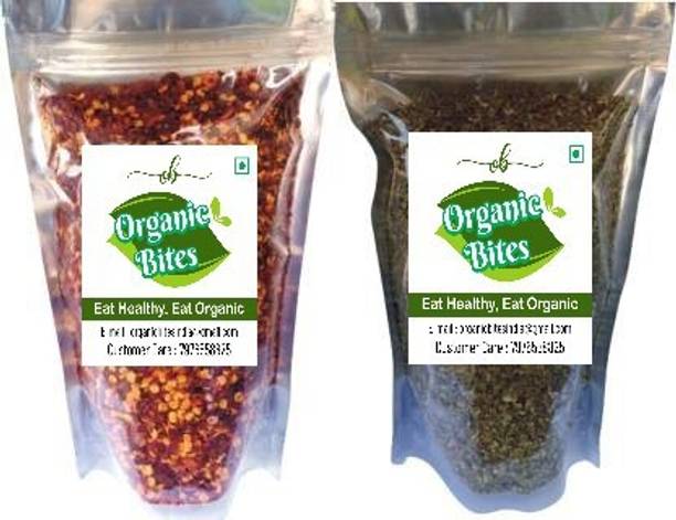 Organic Bites Seasoning Combo Pack of 2 Red Chilly Flakes 100 gm and Oregano Flakes 100 gm I Natural Mathania's Red Chilli Flakes & Oregano Seasoning - (200 gm)